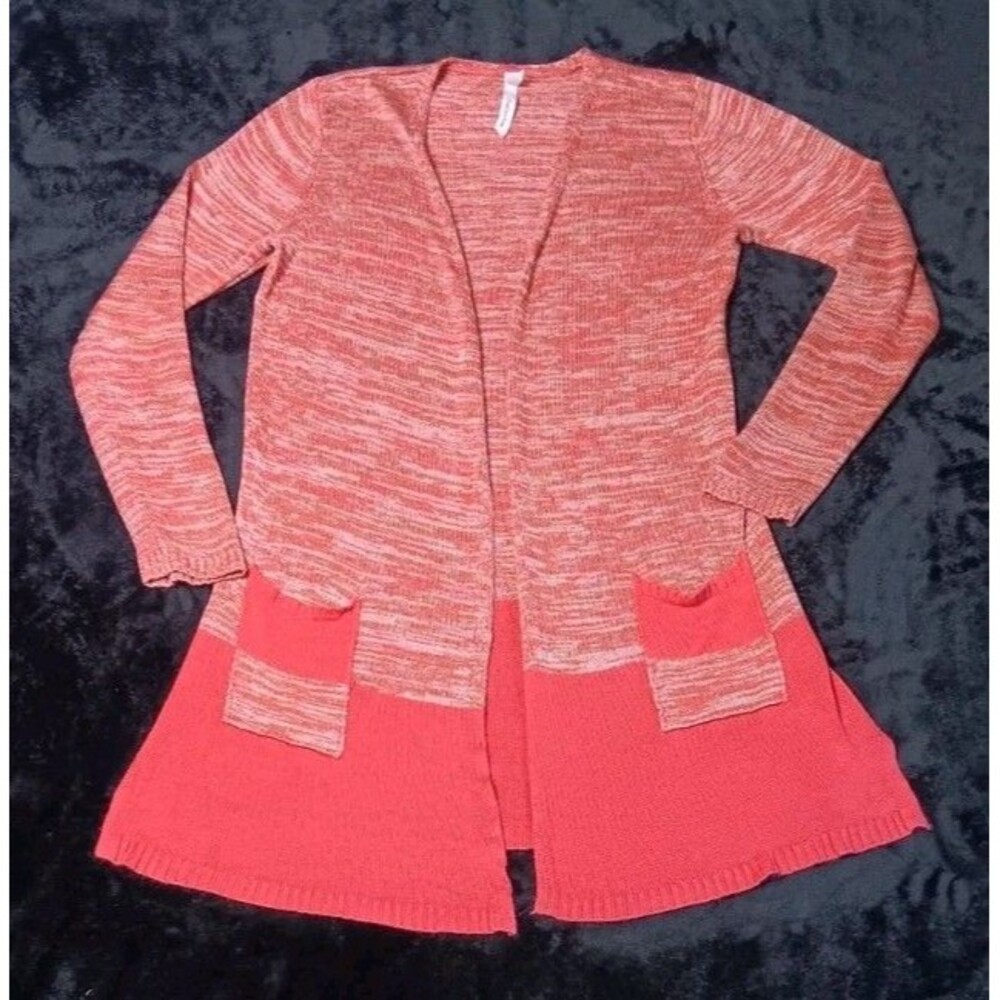 NY Collection Open Front Knit Kimono Cardigan Duster Sweater M Coral Lagenlook